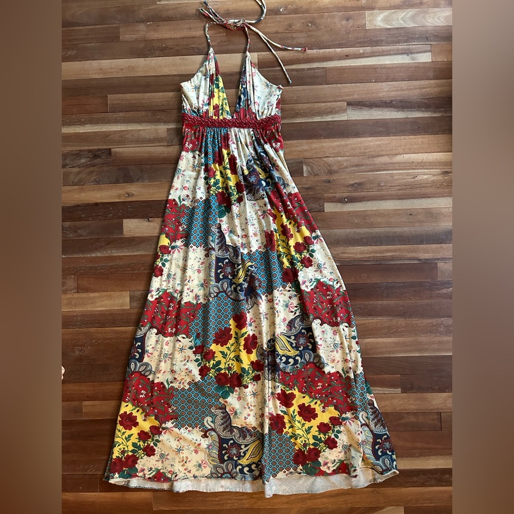 Sky Braided Halter Tie Maxi Long Floral Bohemian Dress M